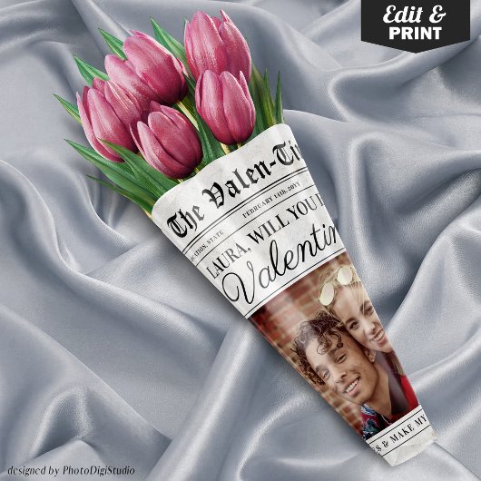Editable Valentinstag Newspaper Blume Bouquet Geschenkpapier Set