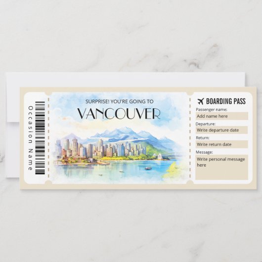 Editable Vancouver Canada Flugzeug Boarding Pass Einladung (Vorderseite)