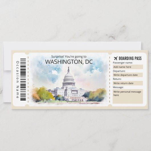 Editable Washington DC Flugzeug Ticket, Washington Einladung (Vorderseite)