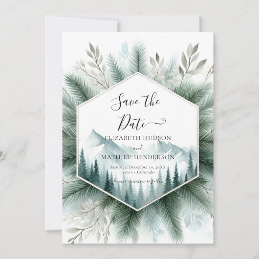 Editable Watercolor Mountain Wedding Save The Date (Vorderseite)