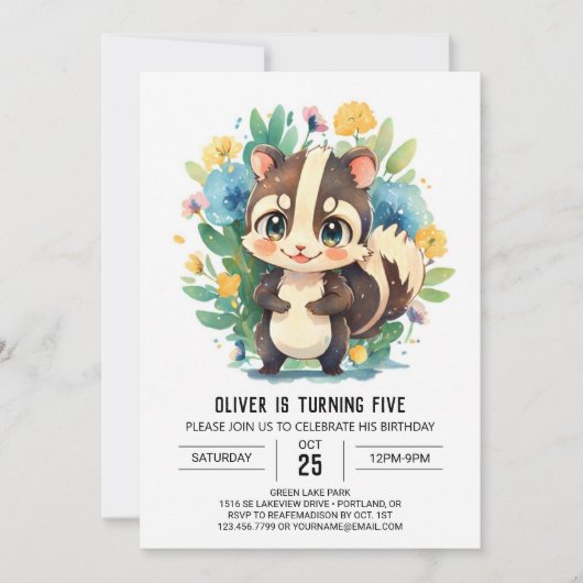 Editable Watercolor Skunk Boy Birthday Einladung (Vorderseite)