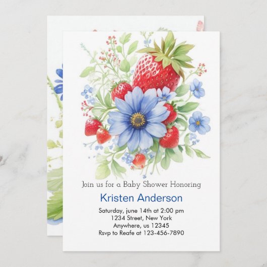 Editable Watercolor Strawberry Boy Babydusche Einladung (Vorne/Hinten)