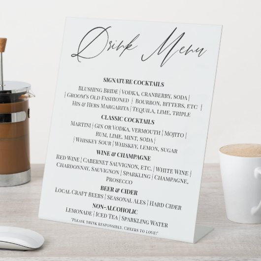 Editable Wedding Drinks Menu Tabletop Sign Sockelschild (In Situ)