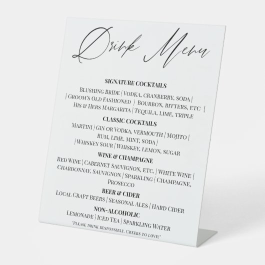 Editable Wedding Drinks Menu Tabletop Sign Sockelschild (Vorderseite)