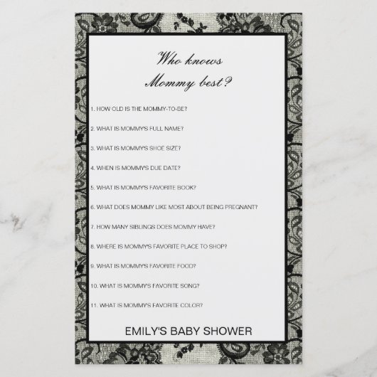 Editable Wer Mommy Best Baby Shower Game kennt (Vorderseite)