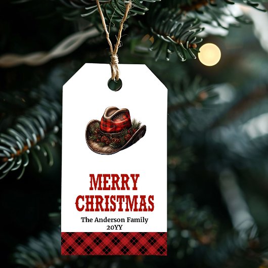 Editable Western Christmas tag with cowboy hat Geschenkanhänger