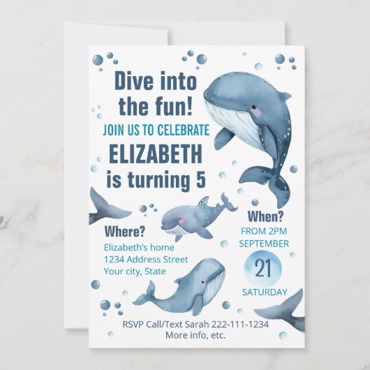 Editable Whale Birthday Einladung (Vorderseite)
