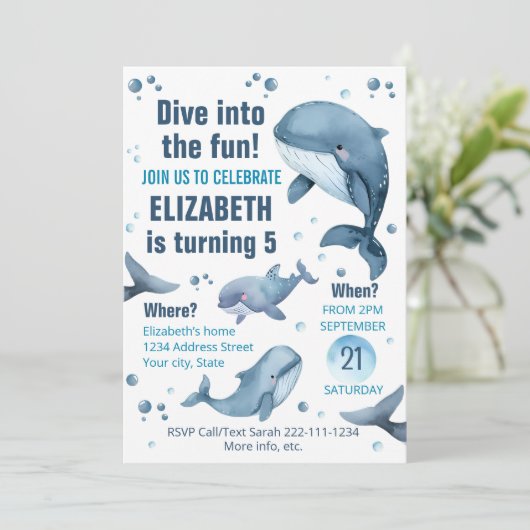 Editable Whale Birthday Einladung (Stehend Vorderseite)