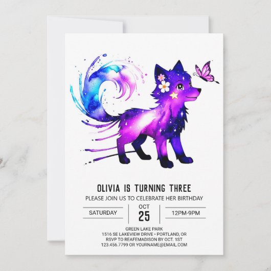 Editable Whimsical Wolf Digital Girl Geburtstag Einladung (Vorderseite)