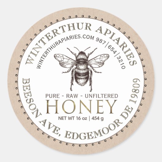 Editable White and Kraft Honey Jar Bee Label Runder Aufkleber (Vorderseite)