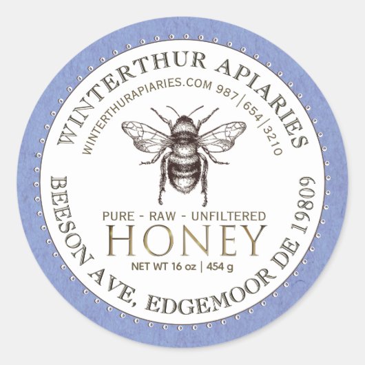 Editable White Blue Kraft Honey Jar Bee Label Runder Aufkleber (Vorderseite)