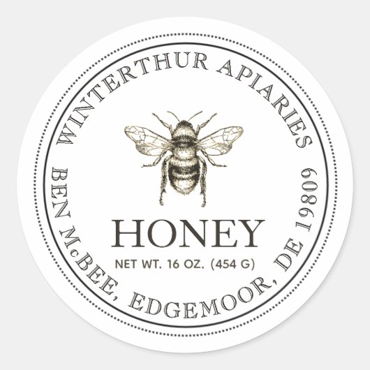 Editable White Honey Jar Bee Label Runder Aufkleber (Vorderseite)