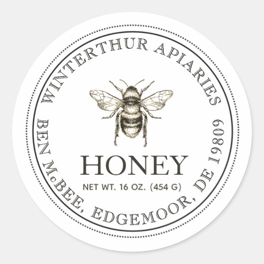 Editable White Honey Jar Bee Label Runder Aufkleber (Vorderseite)