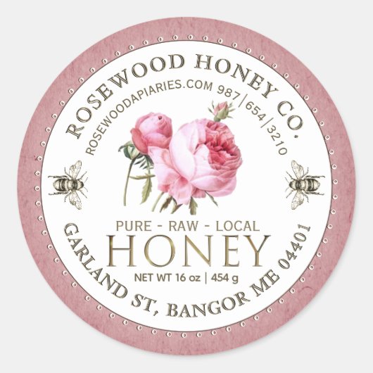 Editable White Rose Kraft Honey Jar Bee Label Runder Aufkleber (Vorderseite)