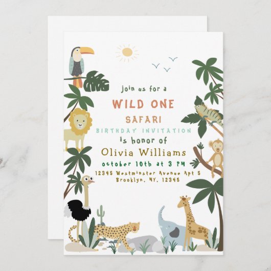 Editable Wild One Safari Invitation Template Einladung (Vorne/Hinten)