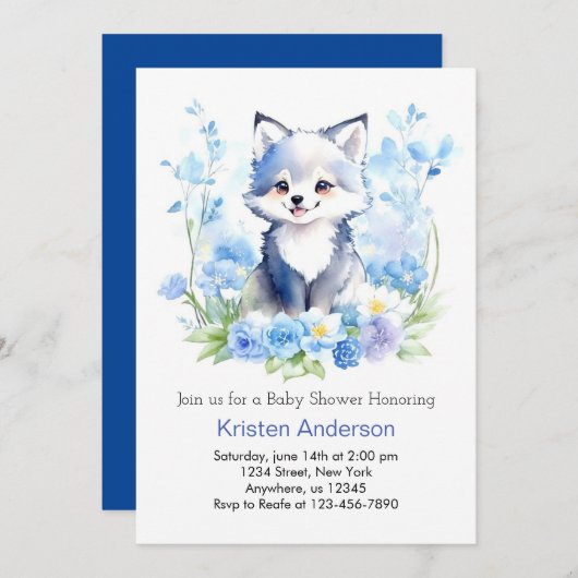 Editable Wolf Cub Boy Baby Dusche Einladung (Vorne/Hinten)