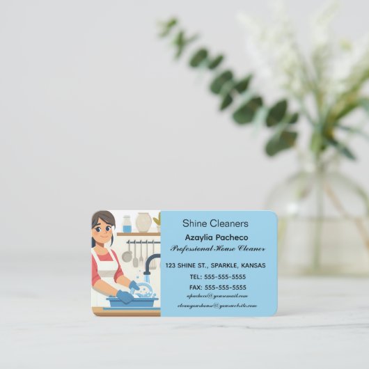 Editable Woman Washing Geschirrs Haushaltshilfe Visitenkarte (Stehend Vorderseite)