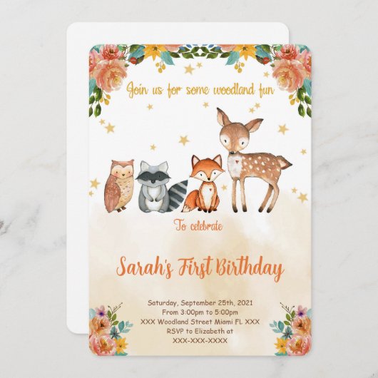 Editable Woodland Birthday Einladung (Vorne/Hinten)