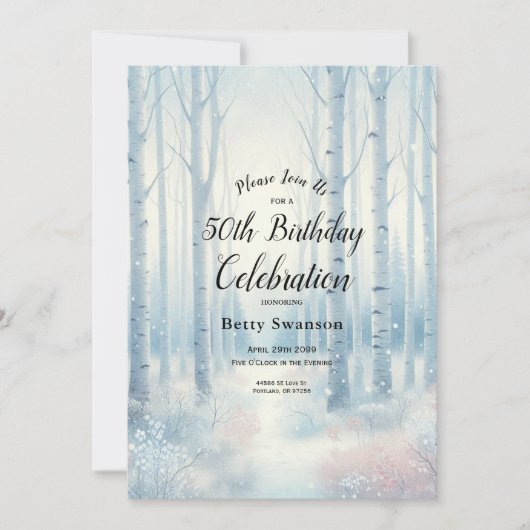 Editable Year Mattiert Blue Birch Forest Birthday Einladung (Vorderseite)
