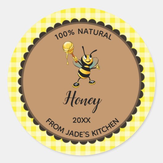 Editable Yellow Gingham Honey Bee Label Stickers (Vorderseite)