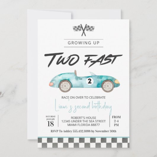 Editable ZWEI Fast Birthday Einladung Race Auto 2. (Vorderseite)