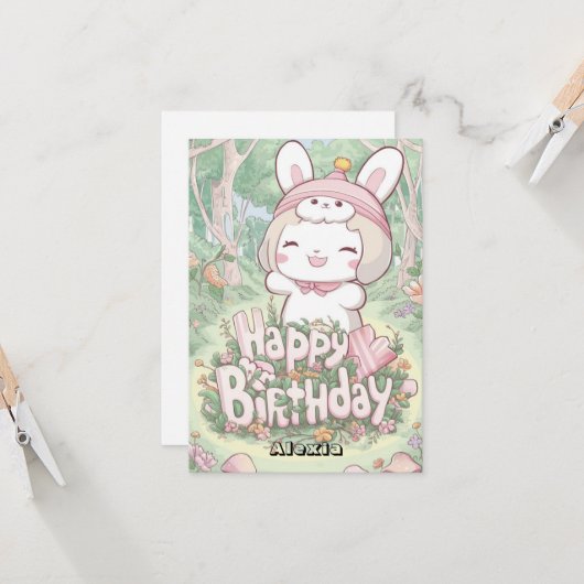 Editierbar Fluffy Bunny Digital Geburtstag Karte (Vorderseite/Rückseite Beispiel)