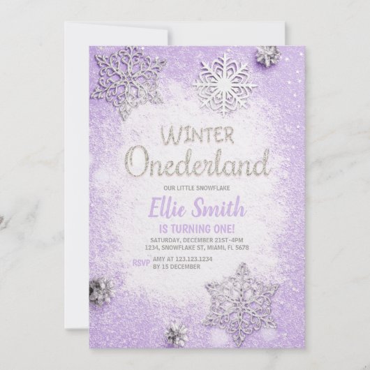 Editierbar Lila Silver Glitzer Winter Onederland Einladung (Vorderseite)