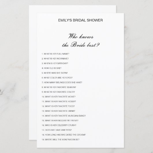 Editierbar wer Bride Best Brautparty Game kennt (Vorne/Hinten)