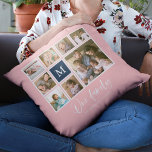 Editierbare Farbmonogramm Unsere FamilienfotoColla Kissen<br><div class="desc">Monogramm-Kissen mit den Worten "Unsere Familie" in einem stilvollen Skript mit 8 quadratischen Fotos in einem Rasterlayout mit weißem Rand um sie auf der Vorder- und Rückseite angeordnet, sodass es insgesamt 16 Fotos, die Sie mit Ihren eigenen Fotos ersetzen können, alle mit einer bearbeitbaren Hintergrundfarbe (klicken Sie auf "anpassen", um...</div>