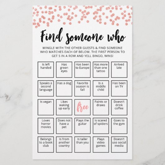 Editierbare Finde jemanden, der Bingo-Spiel spiele (Vorderseite)