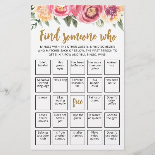 Editierbare Finde jemanden, der Bingo-Spiel spiele (Vorderseite)