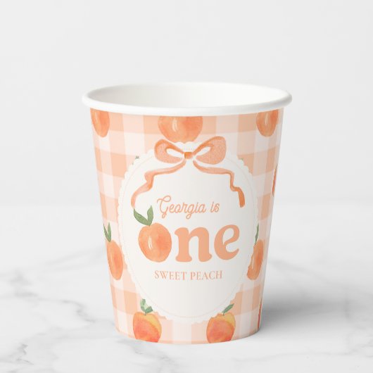 Editierbare Gingham Peach Paper Cups Pappbecher (Rückseite)