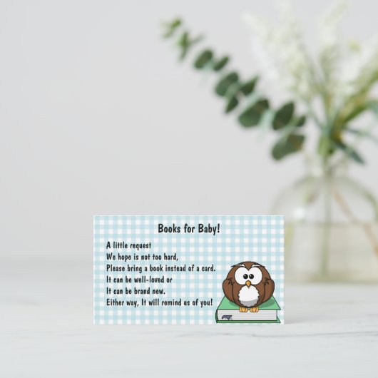 Editierbare Gingham und Owl in einer Buchbabys-Bib Begleitkarte (Stehend Vorderseite)