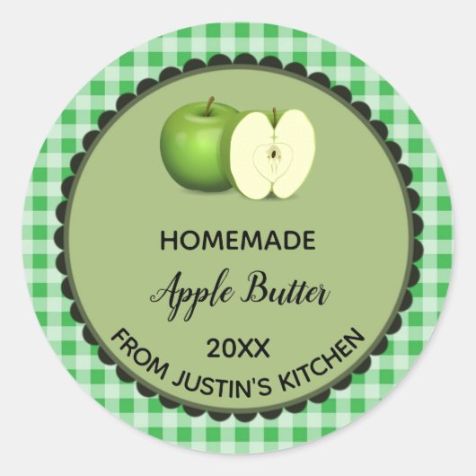 Editierbare Green Gingham Apple Butter Label Stick Runder Aufkleber (Vorderseite)