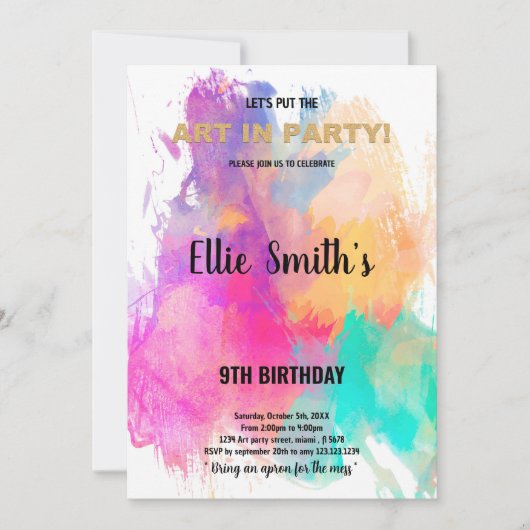 Editierbare Kids Art Party Card mit Rainbow Spritz Einladung (Vorderseite)