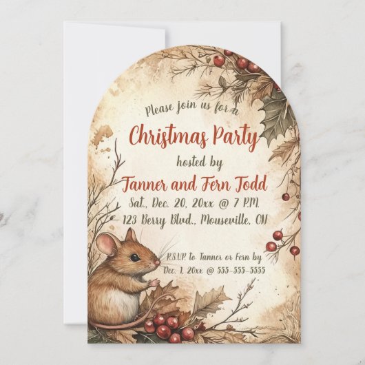 Editierbare Maus und Berries Weihnachtsfest Party Einladung (Vorderseite)