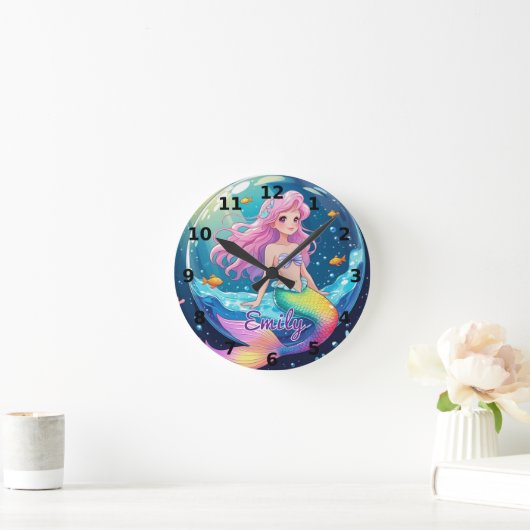 Editierbare Mermaid Wall Clock - Magische Ozeanvib Runde Wanduhr (Zuhause)