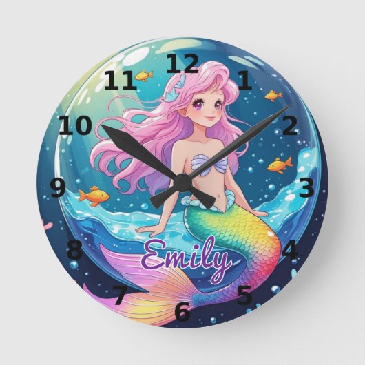 Editierbare Mermaid Wall Clock - Magische Ozeanvib Runde Wanduhr (Vorderseite)