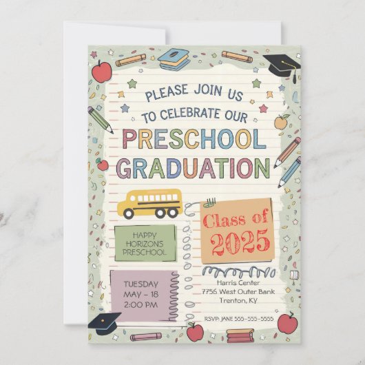 Editierbare Notebook-Schulbus-Preschool-Abschluss Einladung (Vorderseite)