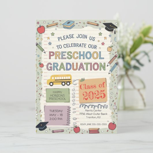 Editierbare Notebook-Schulbus-Preschool-Abschluss Einladung (Stehend Vorderseite)