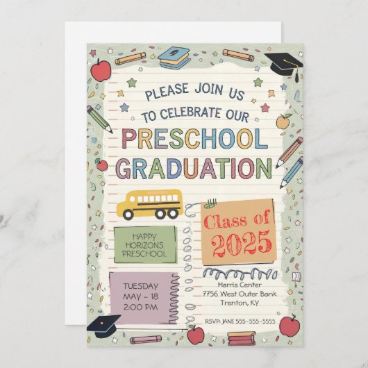 Editierbare Notebook-Schulbus-Preschool-Abschluss Einladung (Vorne/Hinten)