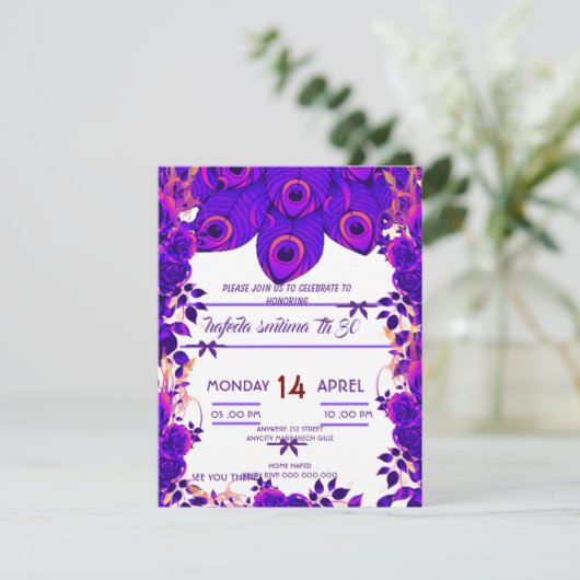 Editierbare Party Einladungen Peacock Feather Glit (Stehend Vorderseite)