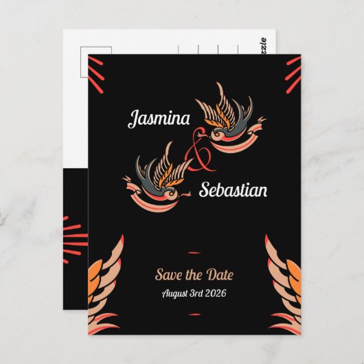 Editierbare Rockabilly-Swallows Wedding Save the D Postkarte (Vorne/Hinten)