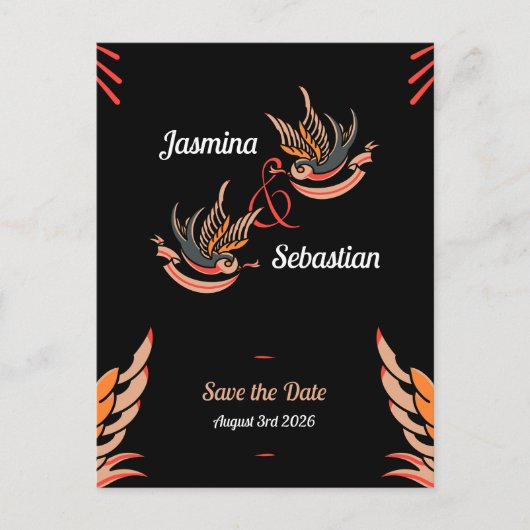 Editierbare Rockabilly-Swallows Wedding Save the D Postkarte (Vorderseite)