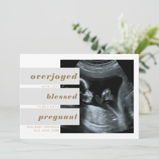 Editierbare Schlagzeilen 2 Foto Gold Grau Schwange Ankündigung (Stehend Vorderseite)