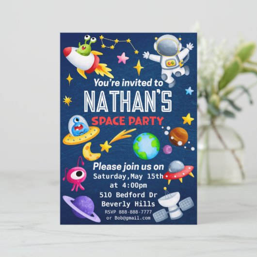 Editierbare Space-Party Einladung (Stehend Vorderseite)