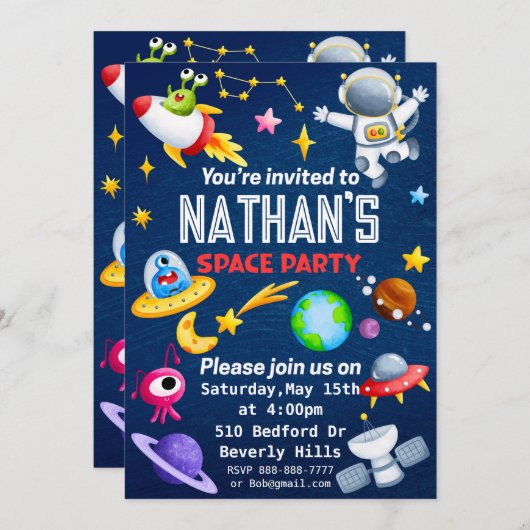 Editierbare Space-Party Einladung (Vorne/Hinten)