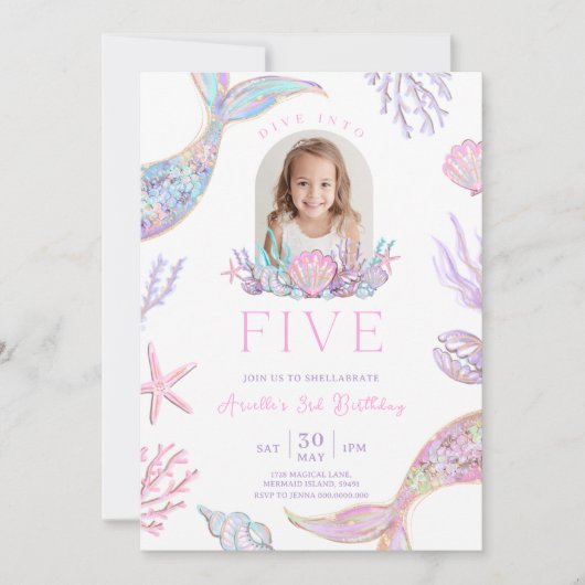 Editierbare Tauchen in fünf Meerjungfrau Einladung (Vorderseite)