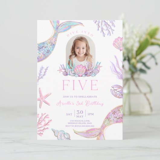 Editierbare Tauchen in fünf Meerjungfrau Einladung (Stehend Vorderseite)