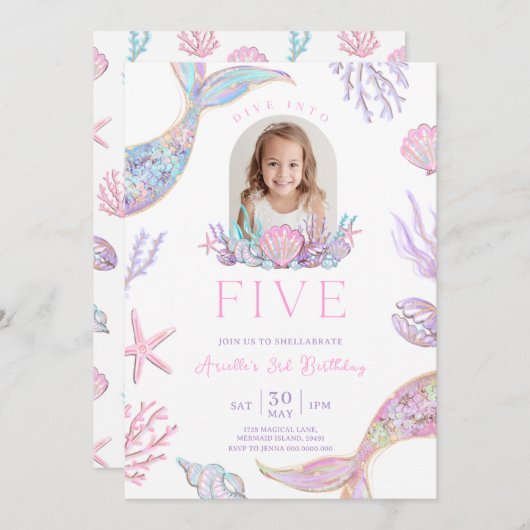 Editierbare Tauchen in fünf Meerjungfrau Einladung (Vorne/Hinten)